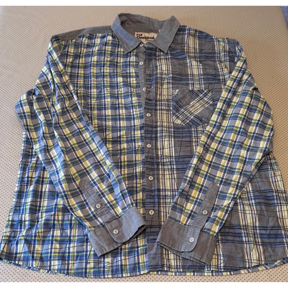 Desigual Men's Plaid Button Down Shirt Blue Green Scribble Art 3XL 31C1245